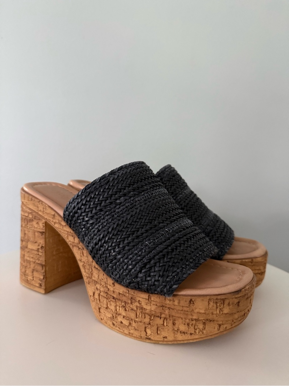 Seychelles Black Woven Cork Platform Slide Sandals - 6.5
